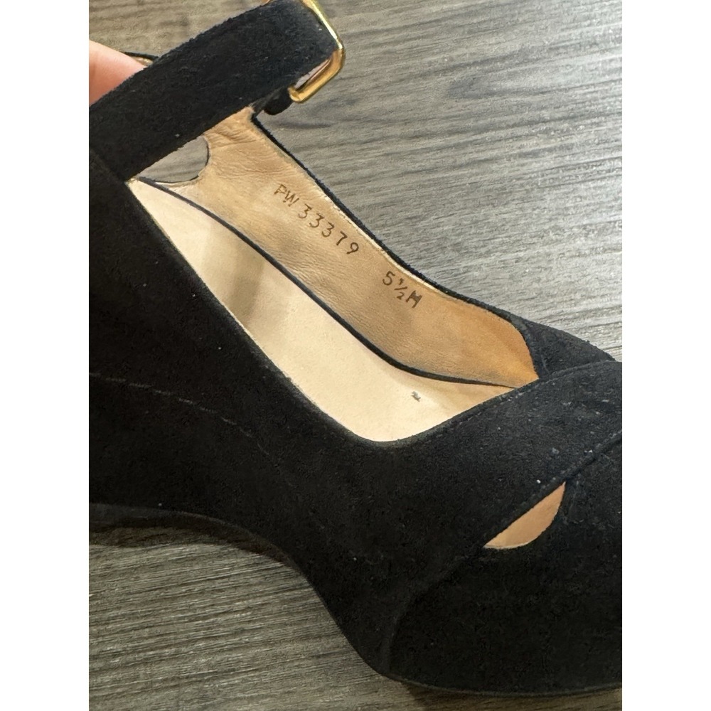 Stuart Weitzman Platform Wedges 5.5 Black Suede Y2K Peep Toe Chic Euro Summer - Picture 6 of 8